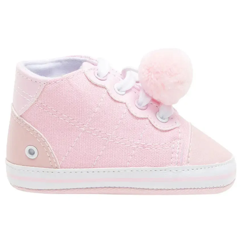 Playful Pompom Charm: Baby Girl Soft Canvas Shoes with Laces