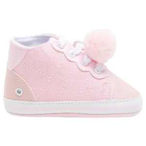 Playful Pompom Charm: Baby Girl Soft Canvas Shoes with Laces