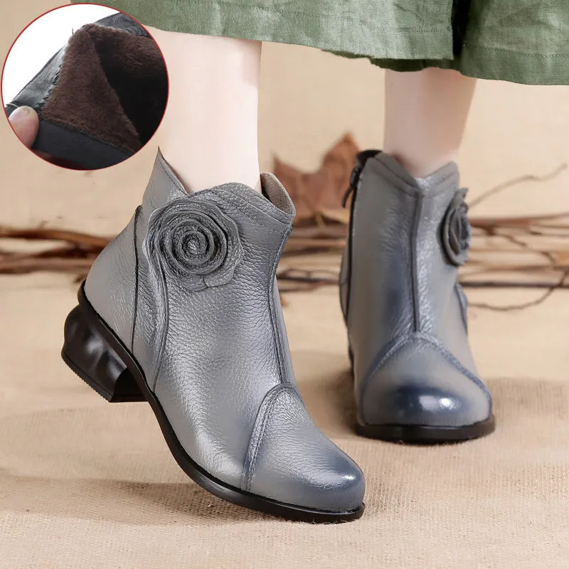 Retro Ankle Handmade Floral Zipper Soft Leather Boots