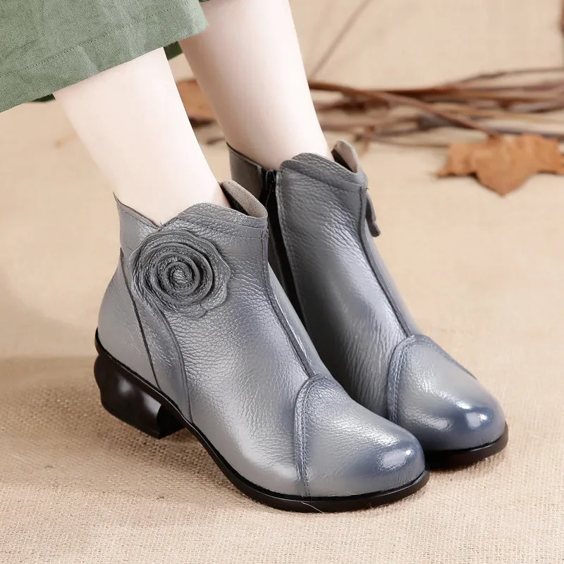 Retro Ankle Handmade Floral Zipper Soft Leather Boots