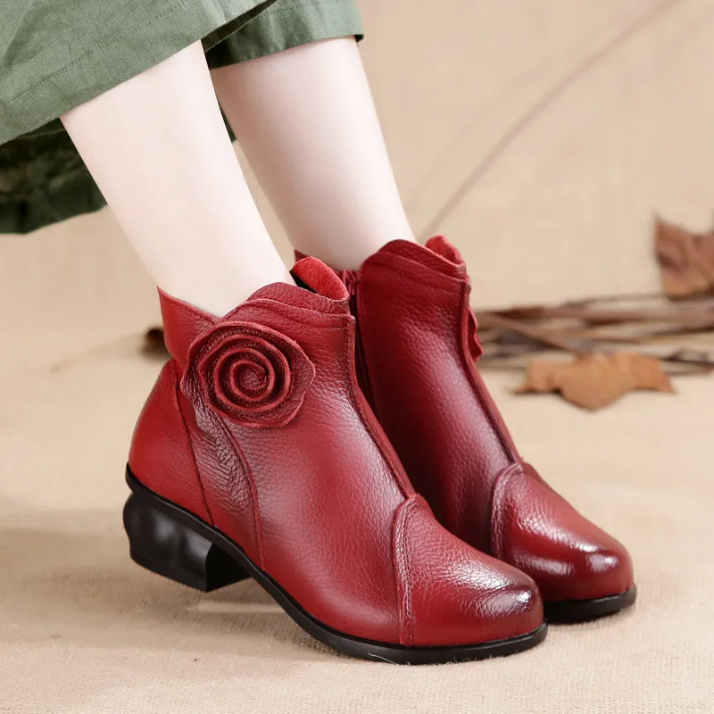 Retro Ankle Handmade Floral Zipper Soft Leather Boots