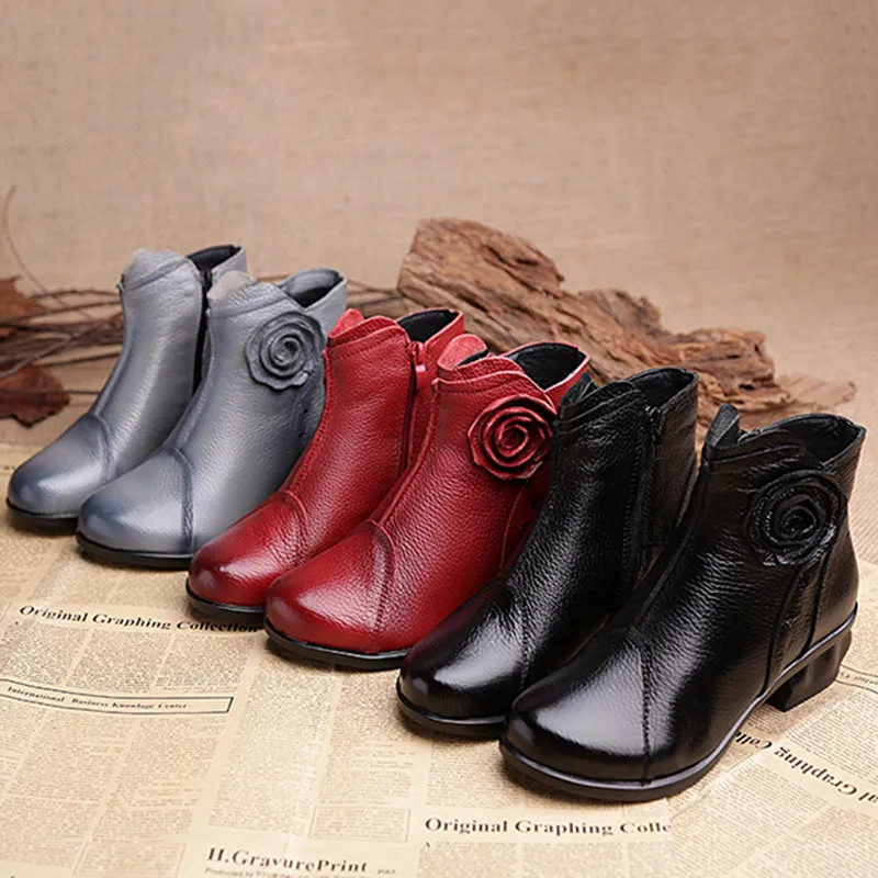 Retro Ankle Handmade Floral Zipper Soft Leather Boots