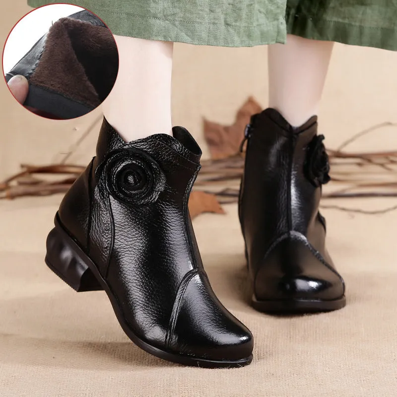 Retro Ankle Handmade Floral Zipper Soft Leather Boots