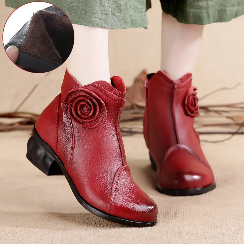 Retro Ankle Handmade Floral Zipper Soft Leather Boots