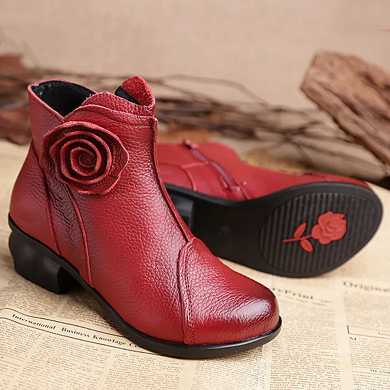 Retro Ankle Handmade Floral Zipper Soft Leather Boots