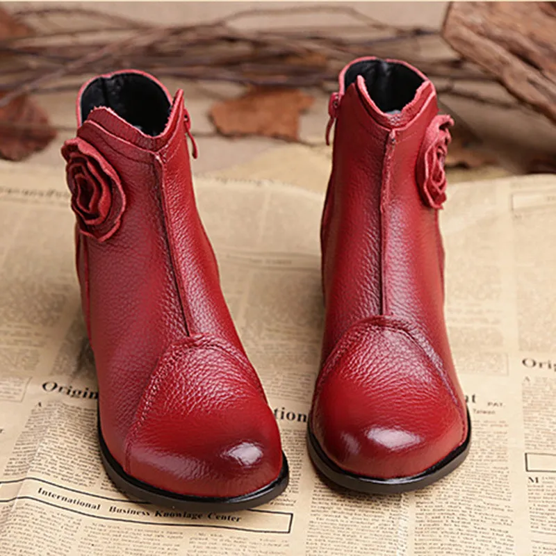 Retro Ankle Handmade Floral Zipper Soft Leather Boots