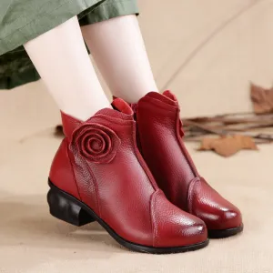 Retro Ankle Handmade Floral Zipper Soft Leather Boots