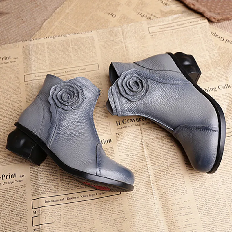 Retro Ankle Handmade Floral Zipper Soft Leather Boots