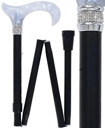 Rhinestone Pearlz Designer Folding Cane: Elegant Black & White