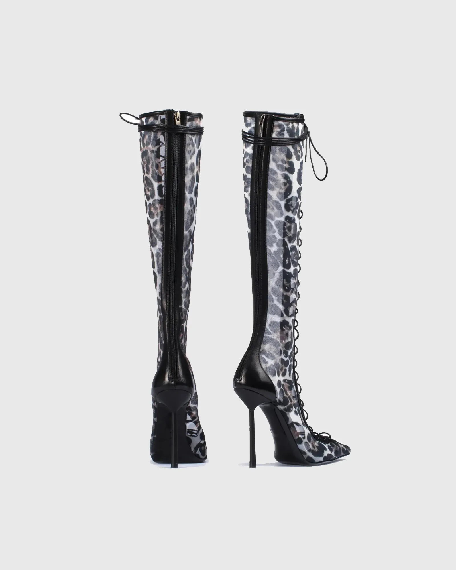 Sea Leopard Print Mesh Lace Up Knee High Boots