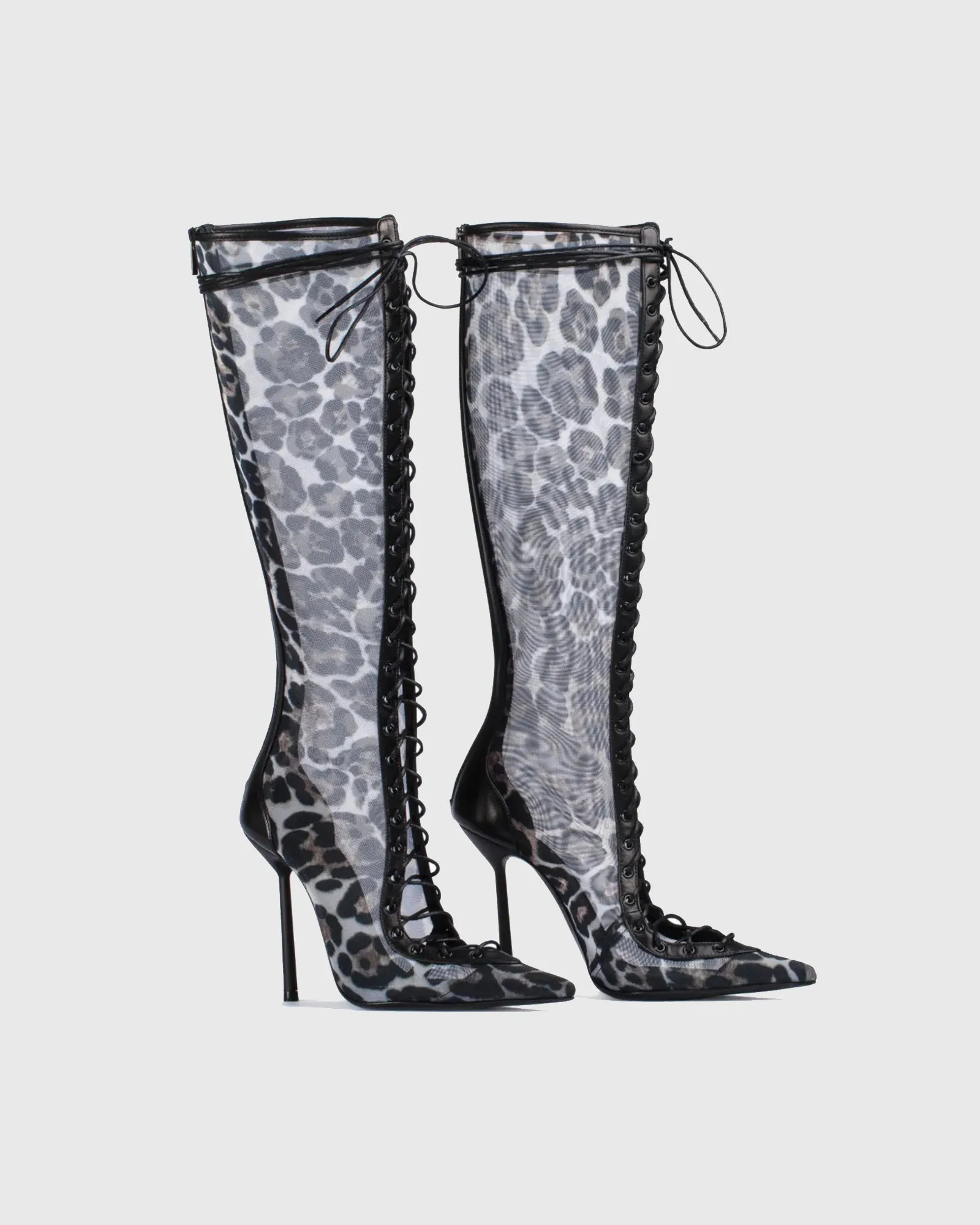 Sea Leopard Print Mesh Lace Up Knee High Boots