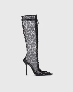Sea Leopard Print Mesh Lace Up Knee High Boots