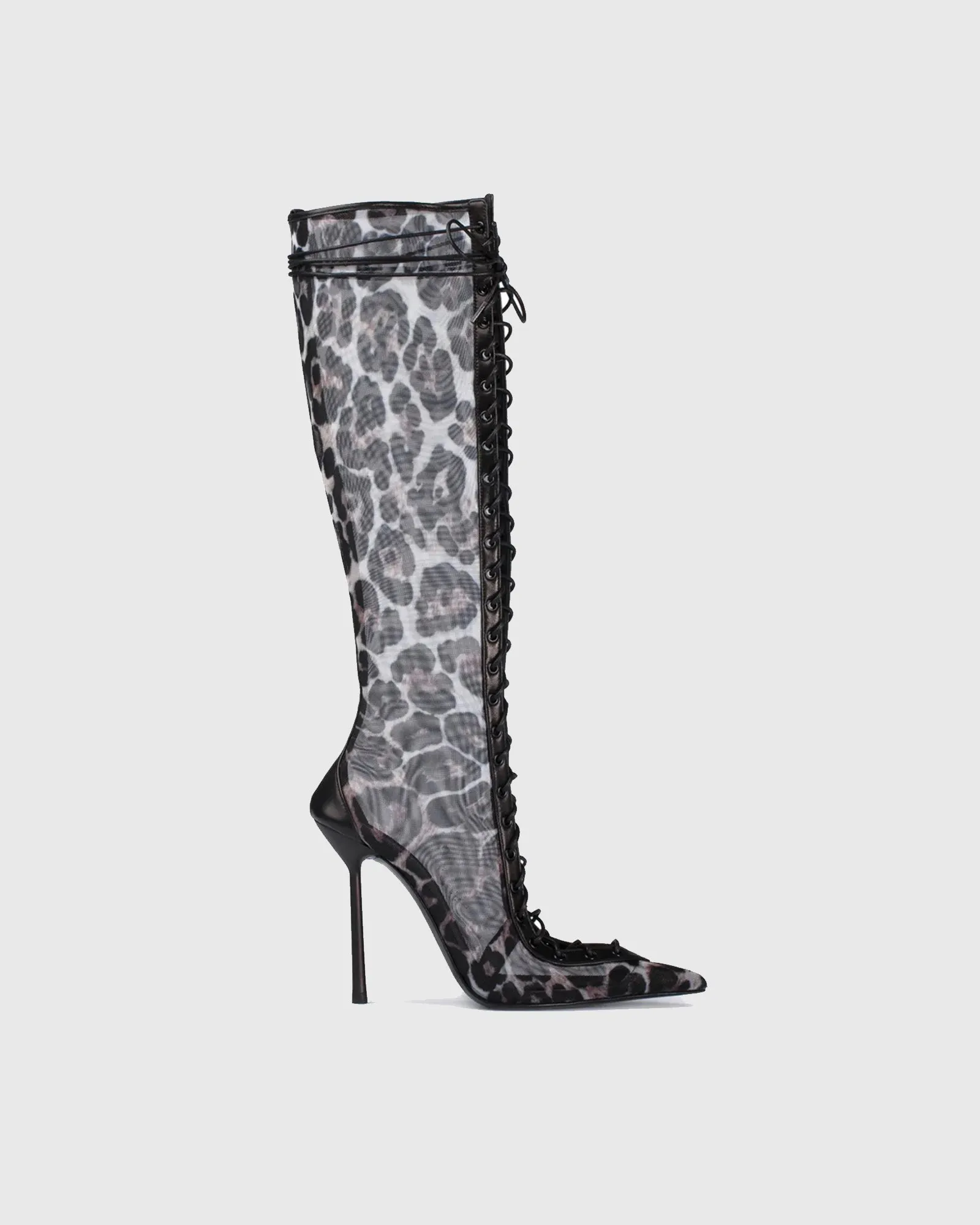 Sea Leopard Print Mesh Lace Up Knee High Boots