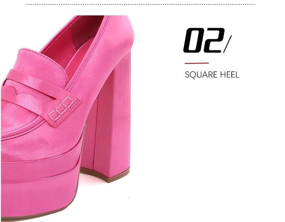 Women Chunky Heeled Satin Loafers Slip On High Heels Shoes