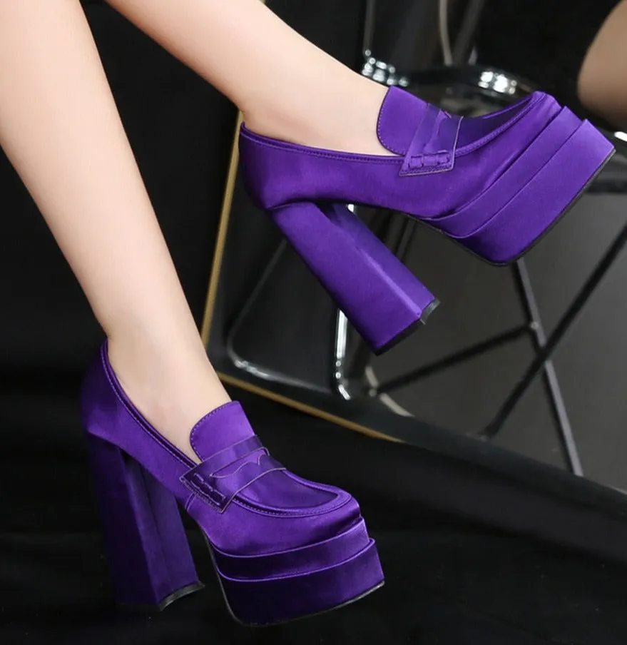 Women Chunky Heeled Satin Loafers Slip On High Heels Shoes