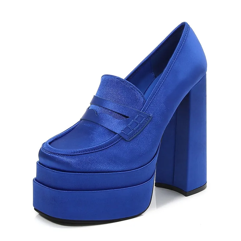 Women Chunky Heeled Satin Loafers Slip On High Heels Shoes