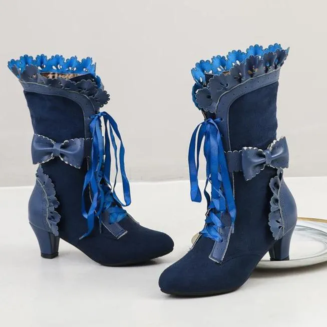 Women cute bowknot lace cuff front-lace mid calf dress boots