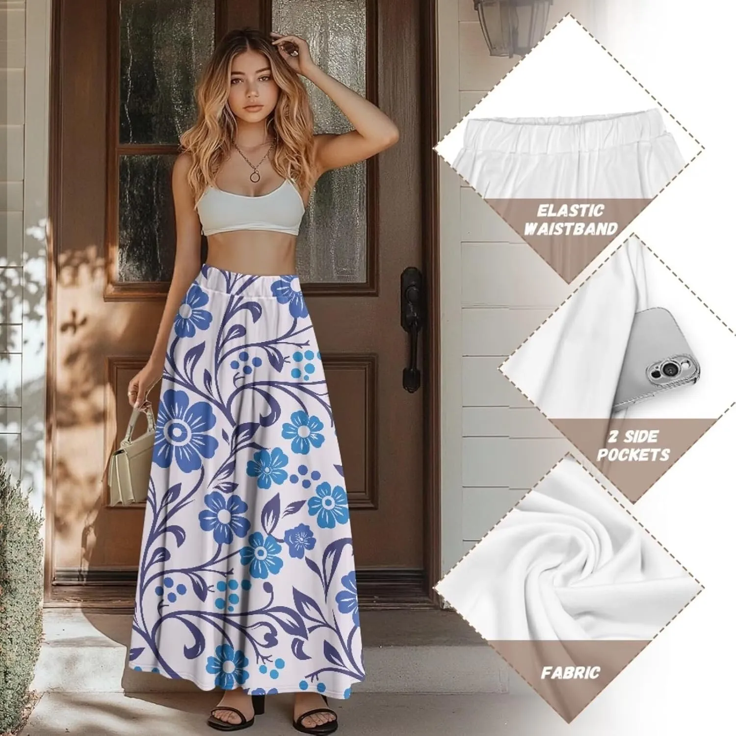 Womens Long Skirts with Pockets Flowy High Waisted Pleated Skirt for Women Daily Maxi Ladies Skirts Plus Size