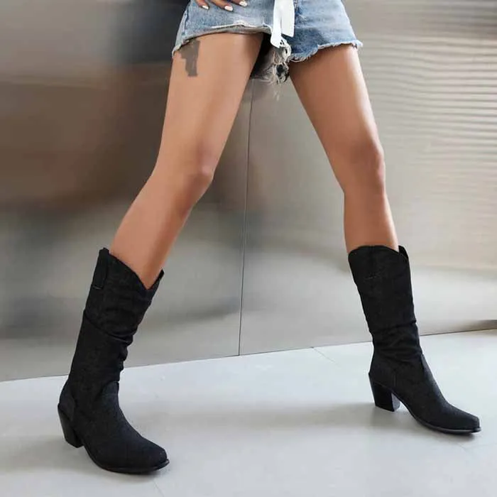 Women's mid-calf trendy boots denim chunky heel boots