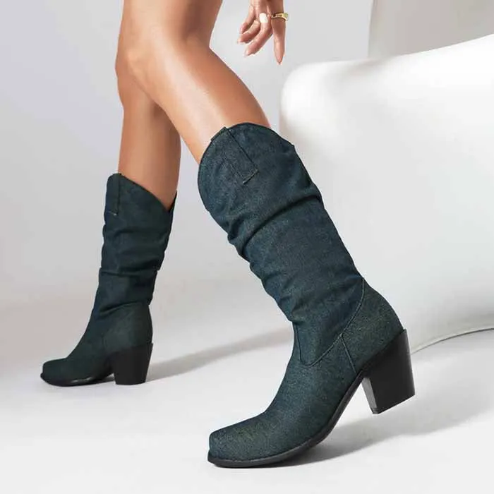 Women's mid-calf trendy boots denim chunky heel boots