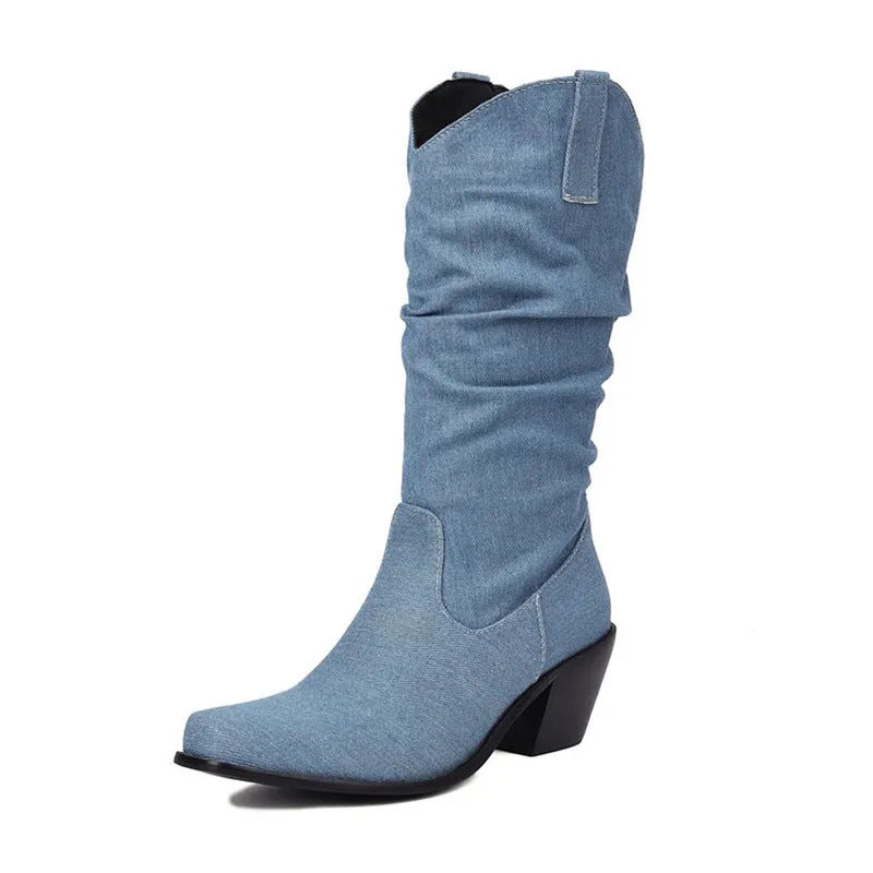 Women's mid-calf trendy boots denim chunky heel boots