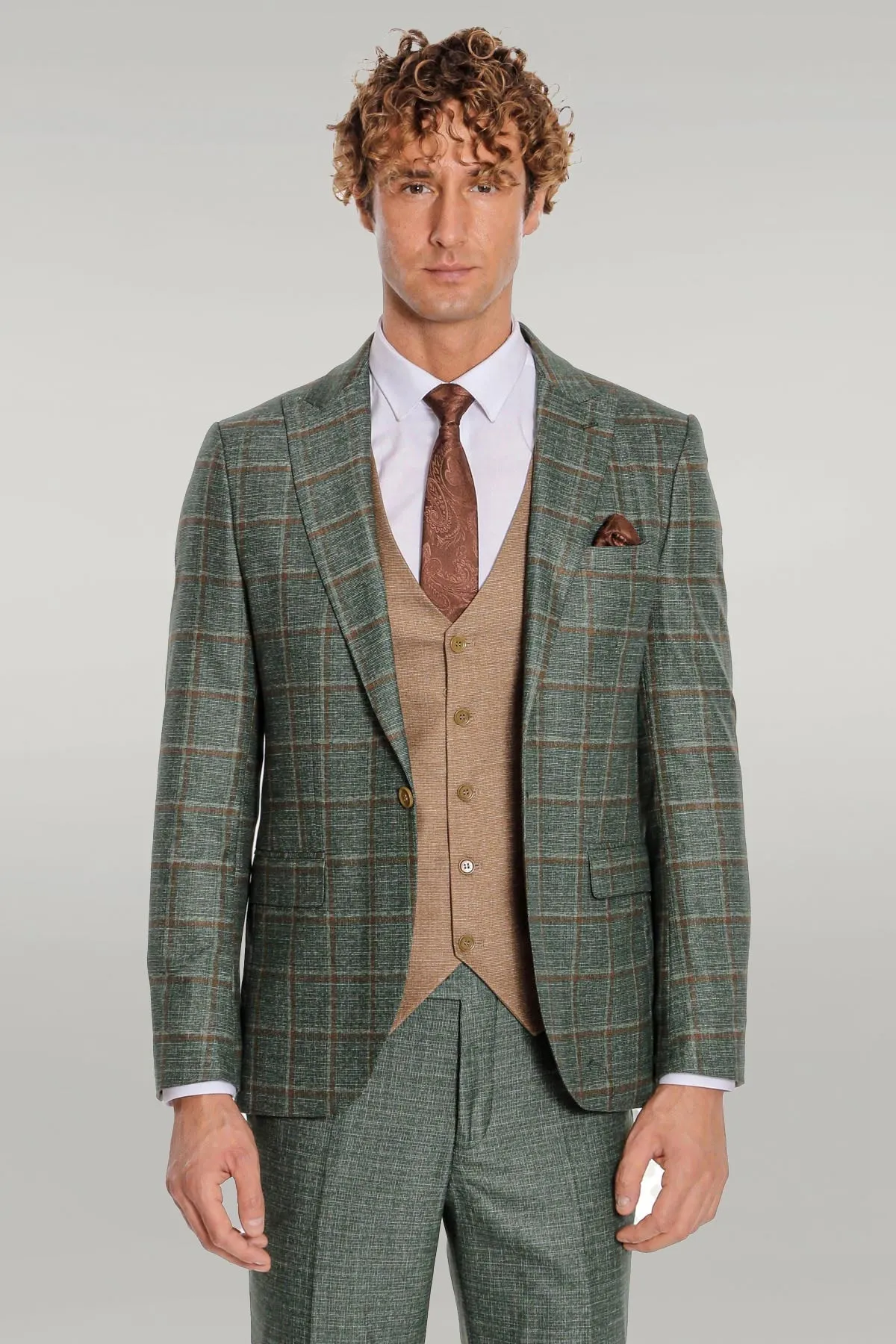 WSS Slim Fit Checked Patterned Green Men Suit  - Singen