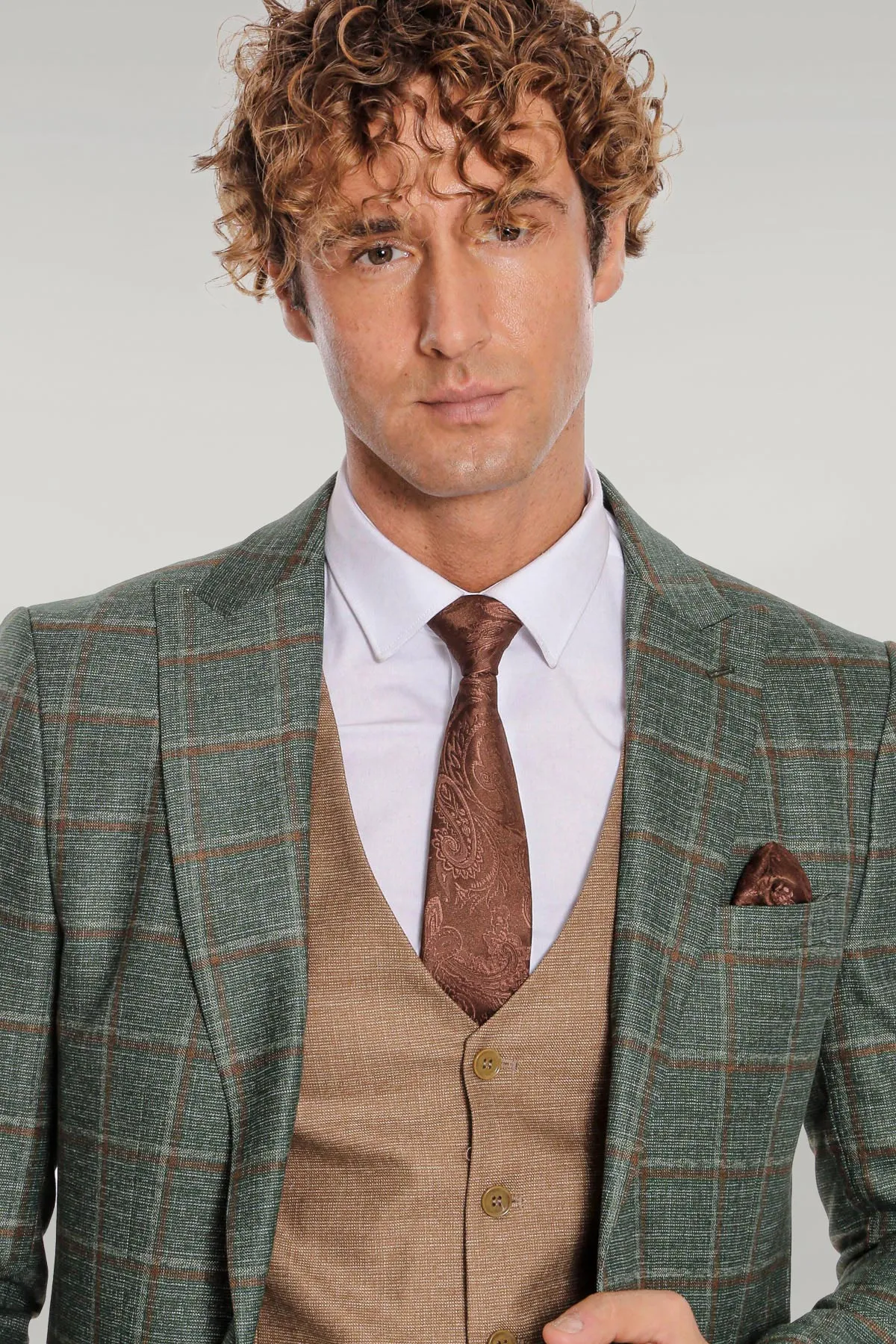 WSS Slim Fit Checked Patterned Green Men Suit  - Singen