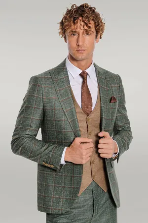 WSS Slim Fit Checked Patterned Green Men Suit  - Singen