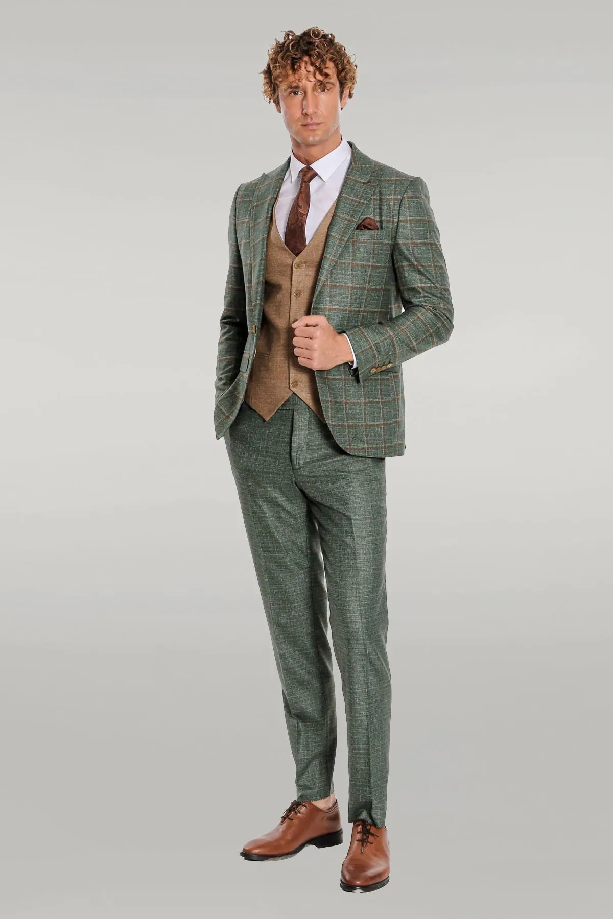 WSS Slim Fit Checked Patterned Green Men Suit  - Singen
