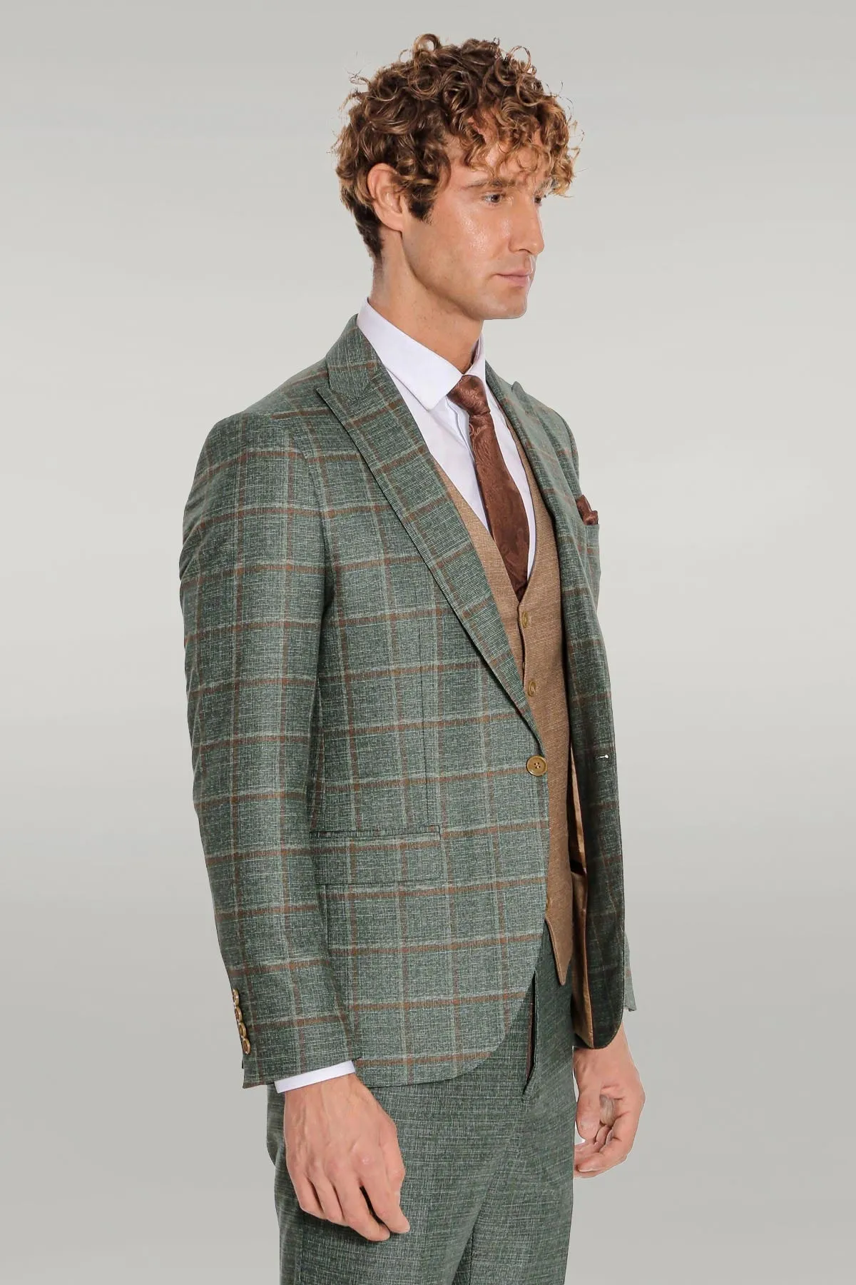 WSS Slim Fit Checked Patterned Green Men Suit  - Singen